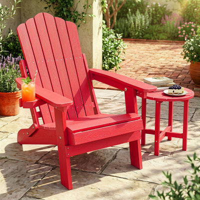 Outdoor Folding Adirondack Chair with Cup Holder and 5-Level Backrest-Red