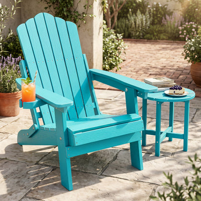 Outdoor Folding Adirondack Chair with Cup Holder and 5-Level Backrest-Turquoise