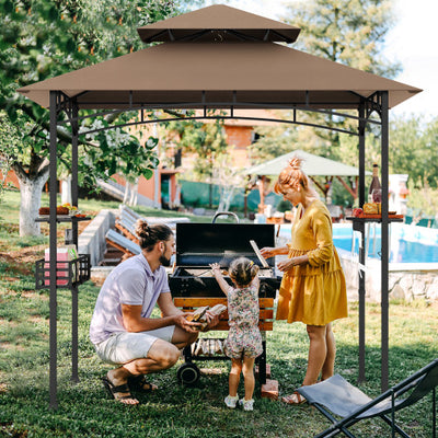 8 x 5 Feet Outdoor Grill Gazebo with 2 Side Shelves and 10 Hooks-Brown