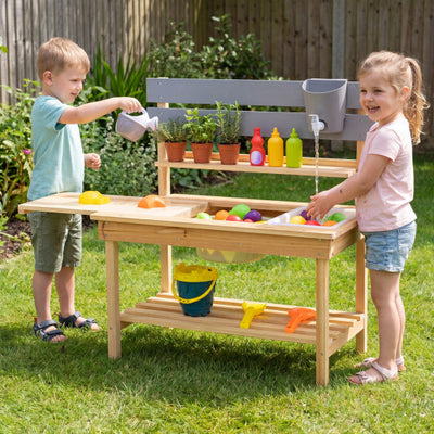 Outdoor Kids Mud Kitchen with Extended Tabletop and Water Tank-Natural