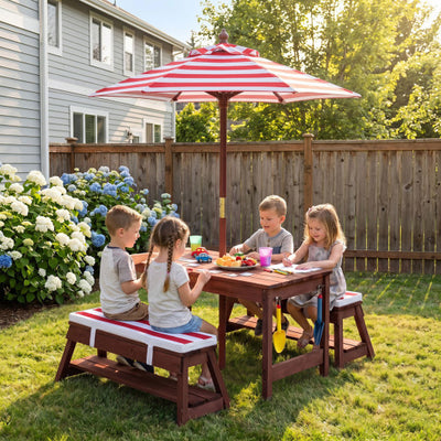 Outdoor Kids Wooden Picnic Table and Benches Set with Umbrella-Red