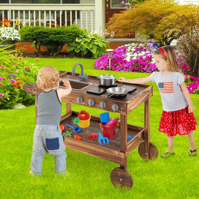 Outdoor Movable Mud Kitchen with 2 Rolling Wheels and 1 Push Handle-Natural