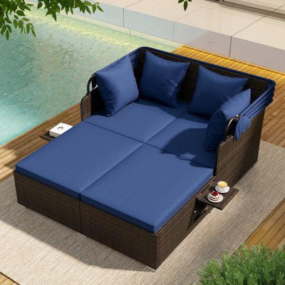 Outdoor Patio Rattan Daybed with Retractable Canopy and Side Tables-Navy