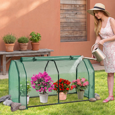 Outdoor Portable Mini Greenhouse with PE Cover and Zippered Door for Vegetables-Green