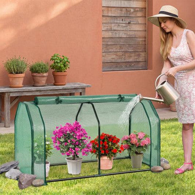 Outdoor Portable Mini Greenhouse with PE Cover and Zippered Door for Vegetables-Green