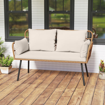 Outdoor Rattan 2-Seat Chair with Seat Back Cushions and Heavy-Duty Metal Legs-White