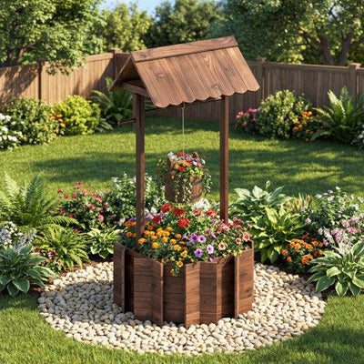 Outdoor Wooden Wishing Well Planter Bucket