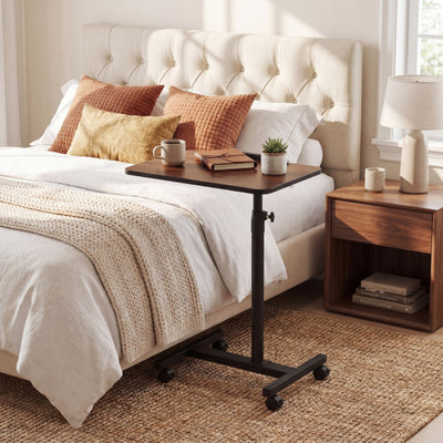 Over Bed Food Tray Small Rolling Computer Table-Walnut