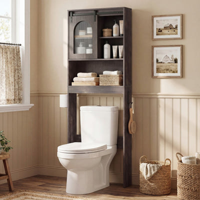 Over Toilet Storage Cabinet with Sliding Barn Door and Open Shelves for Bathroom-Oak