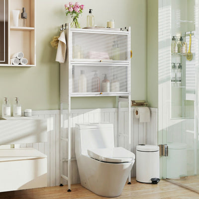 Over-the-toilet Cabinet Bathroom Organizer with 2 Flip-up Cabinets-White