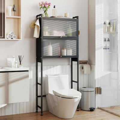 Over-the-toilet Cabinet Bathroom Organizer with 2 Flip-up Cabinets-Black