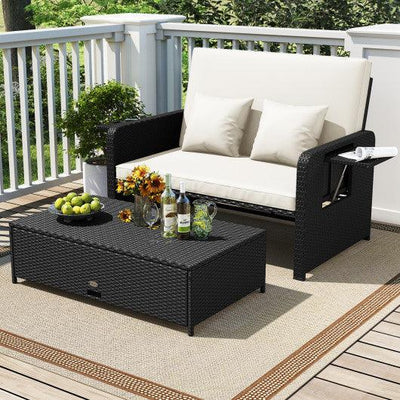 PE Wicker Outdoor Daybed with 4-Level Adjustable Backrest and Storage Ottoman-White
