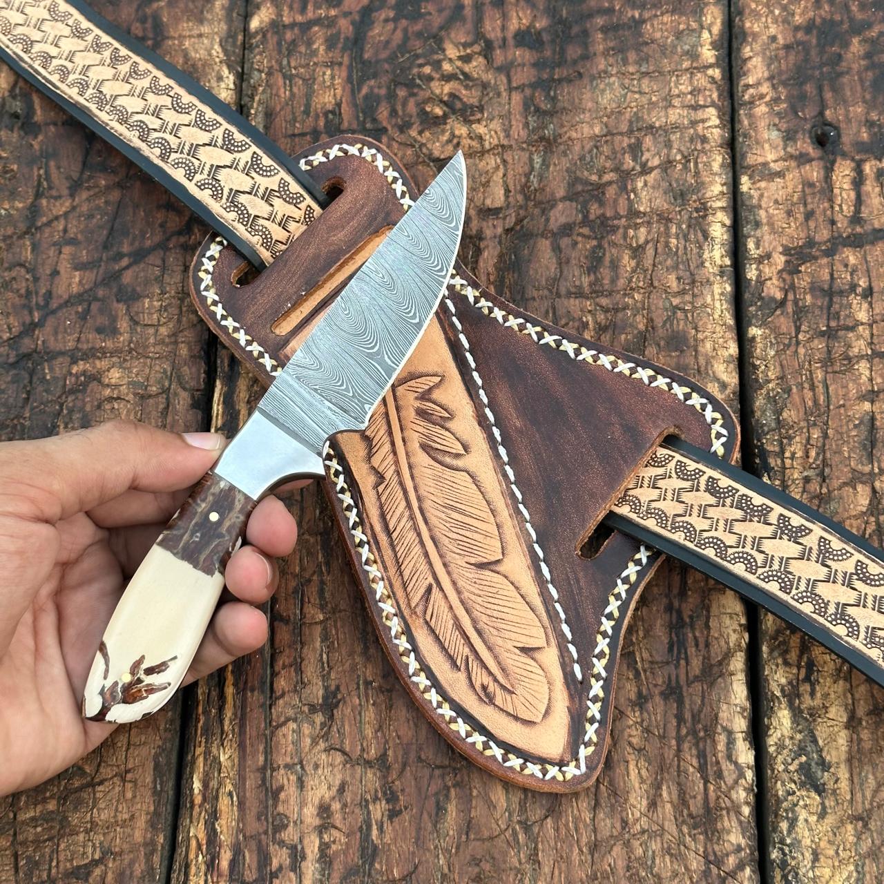 Damascus Skinner Knife with Handtooled Sheath & Belt