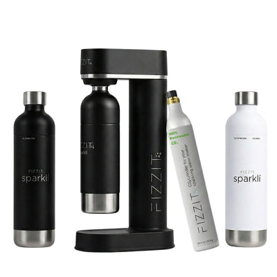FIZZIT Duo Hydration Set (Includes soda maker, 1 COâ‚‚ cylinder & 2 stainless bottles (Black + White)