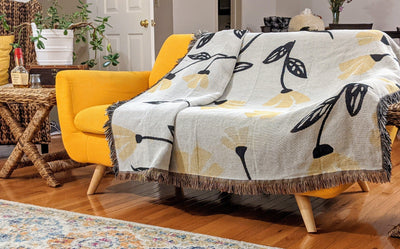 DaDa Bedding Yellow Fleur Botanical Sunshine Golden Floral Woven Tapestry Throw Blanket - 50” x 60” (18112)