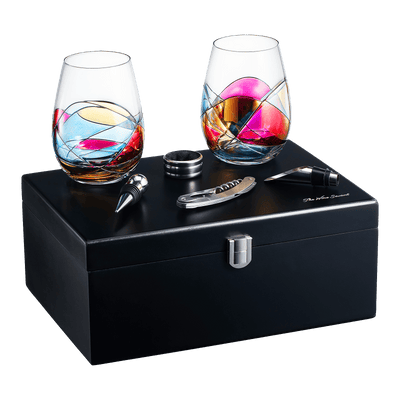 Painted STEMMLESS Wine Glass Box Set - Opener, Stopper, drip Ring, Wine Pourer - 2 Glasses