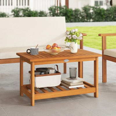 Patio Acacia Wood Coffee Table 2-Tier Rectangular Center Table