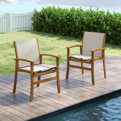 Patio Chairs Set of 2 Acacia Wood Armchairs with Breathable Fabric Back and Seat-Yellow