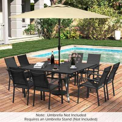 Patio Dining Table for 8 with Umbrella Hole for Porch Lawn-Black
