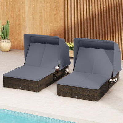 Patio Double Chaise Lounge with Shade Cushions and Folding Side Trays-Gray