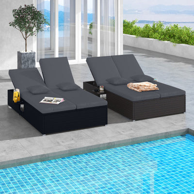 Patio Double Chaise Lounge with Cushions and Folding Side Trays-Gray