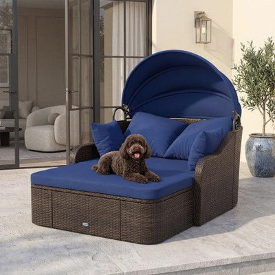Patio PE Rattan Daybed with Retractable Canopy and Soft Cushions-Navy