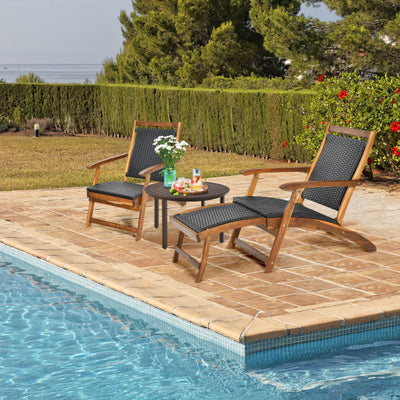 Patio Rattan Folding Lounge Chair with Acacia Wooden Frame Retractable Footrest Set of 2