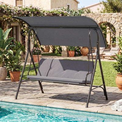 Patio Swing Chair with Adjustable Canopy & Removable Cushion and Metal Stand-Gray