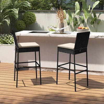 Patio Wicker Barstools Set of 2 with Footrest and Backrest for Backyard