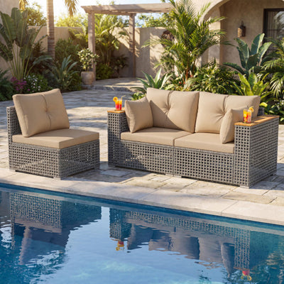 Patio Wicker Sectional Furniture Set with 1 Armless and 2 Corner Sofas for Garden-Beige