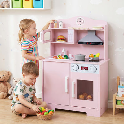 Play Kitchen for Kids Wooden Playset with Range Hood and Microwave-Pink
