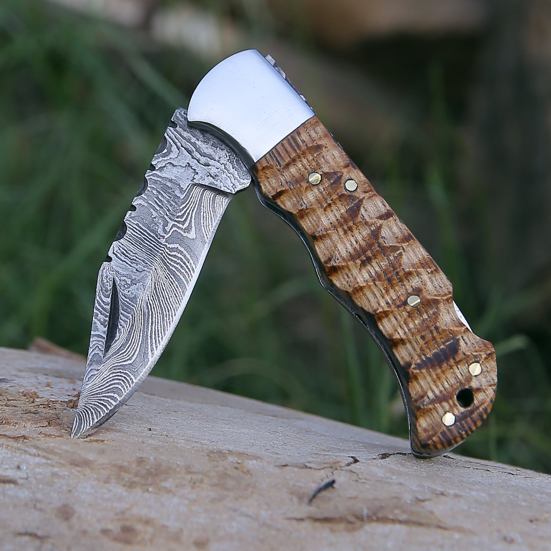 Thunderbolt Pocket Knife with Forged Charred Ash Wood Handle
