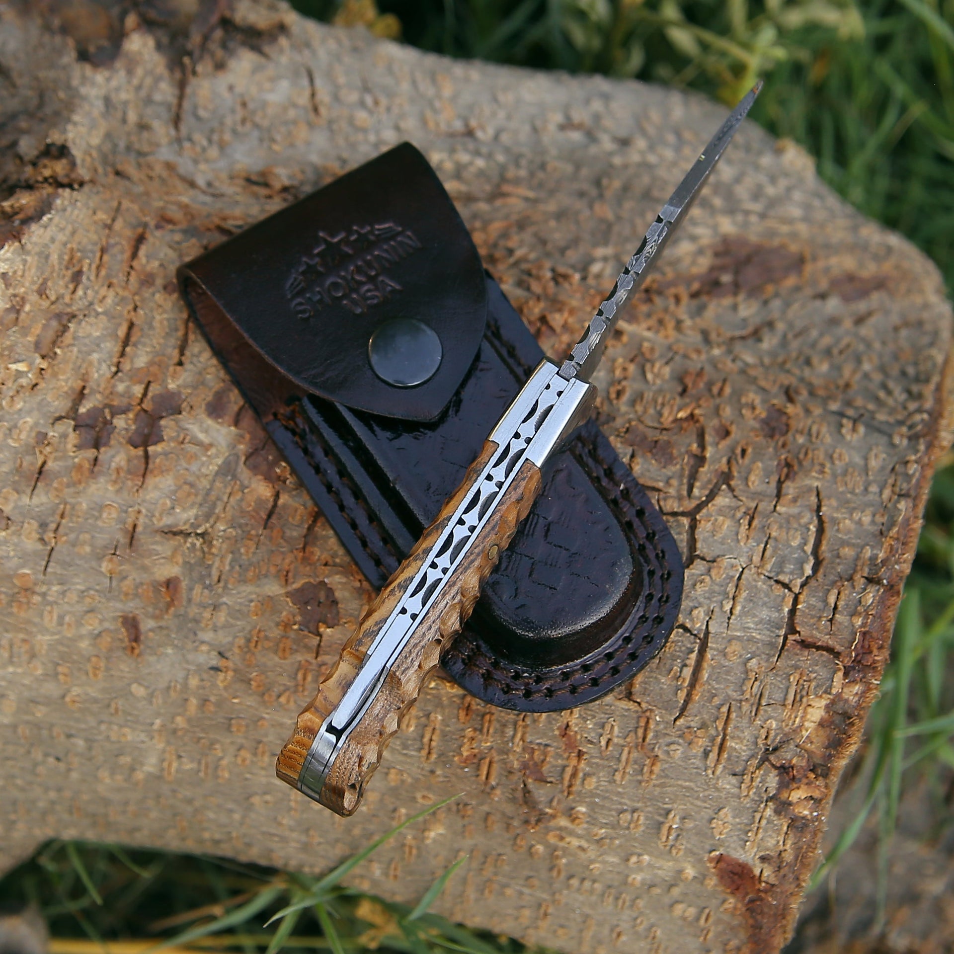 Thunderbolt Pocket Knife with Forged Charred Ash Wood Handle