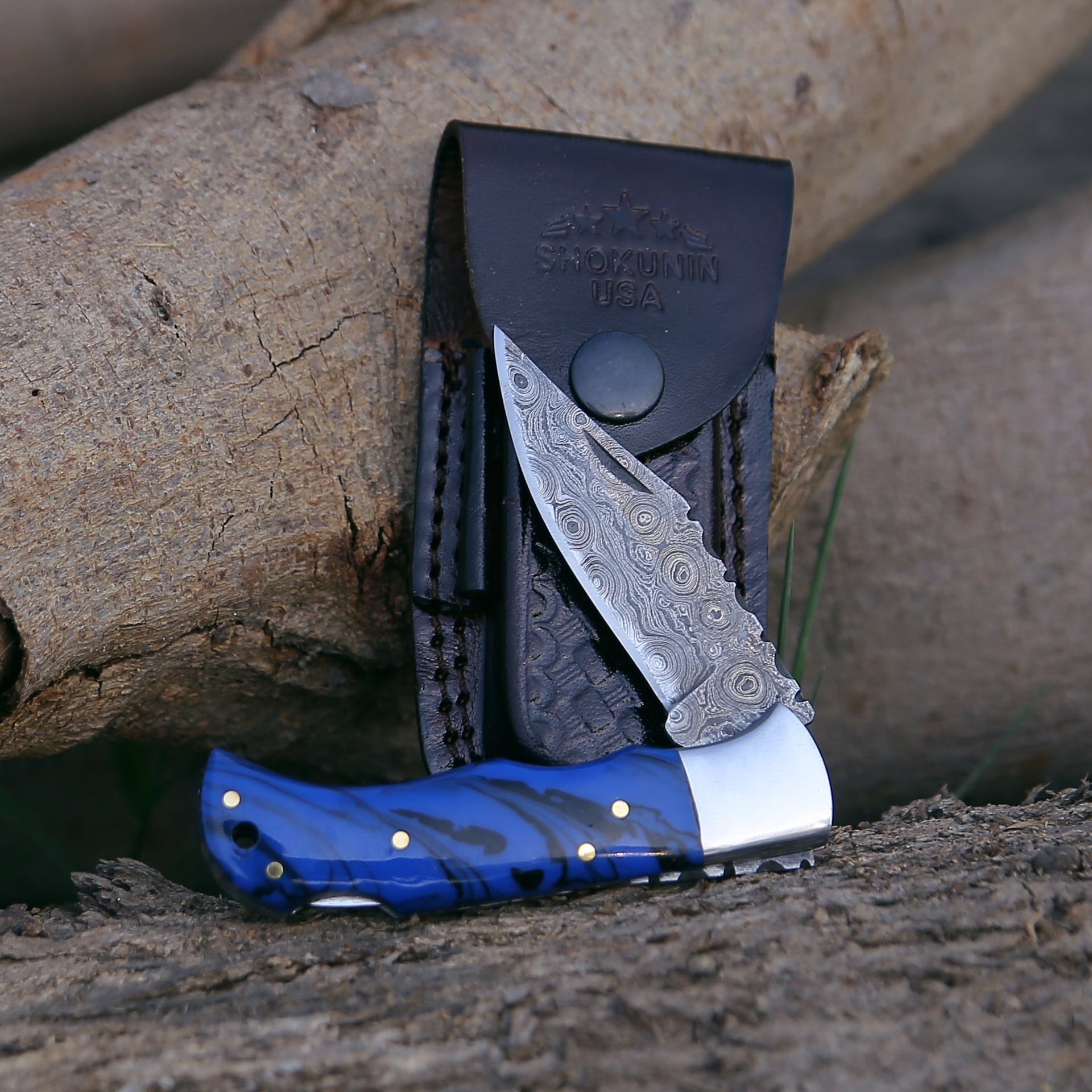 Crest Damascus Pocket knife with Sheath & Blue Resin Handle