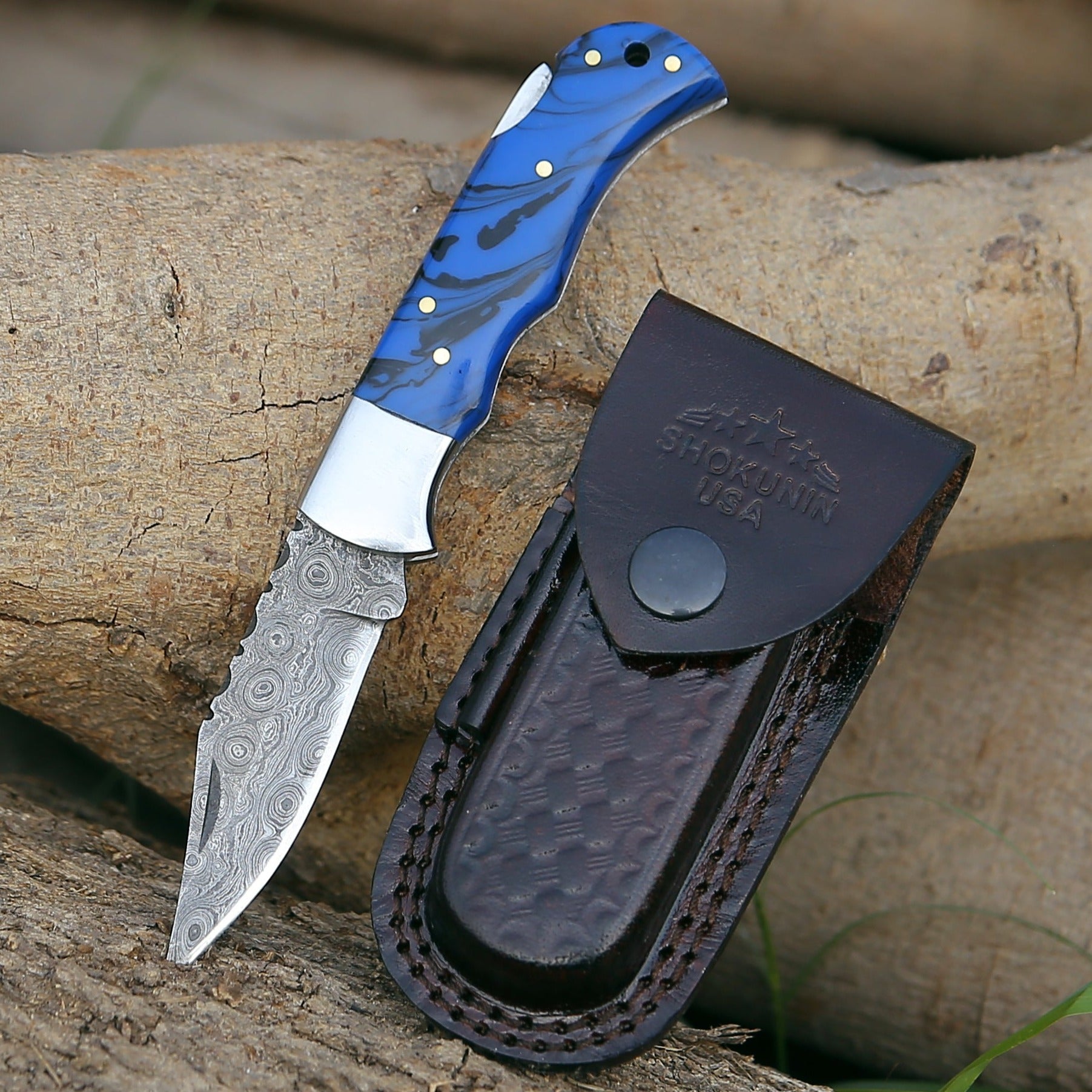 Crest Damascus Pocket knife with Sheath & Blue Resin Handle