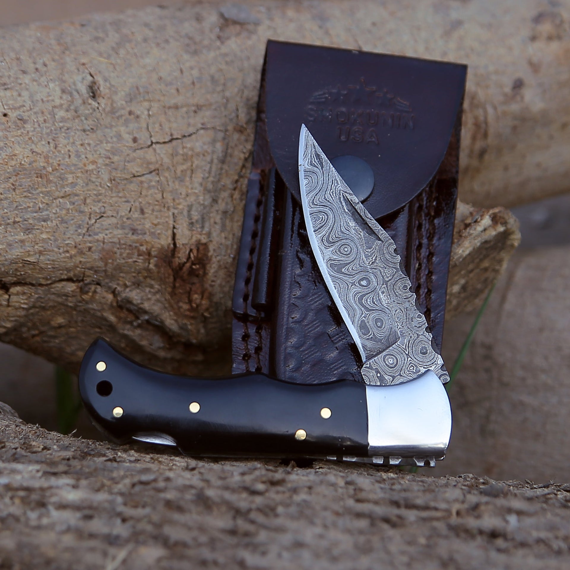 Specter Handmade Real Damascus Pocket Knife with Sheath & Resin Handle