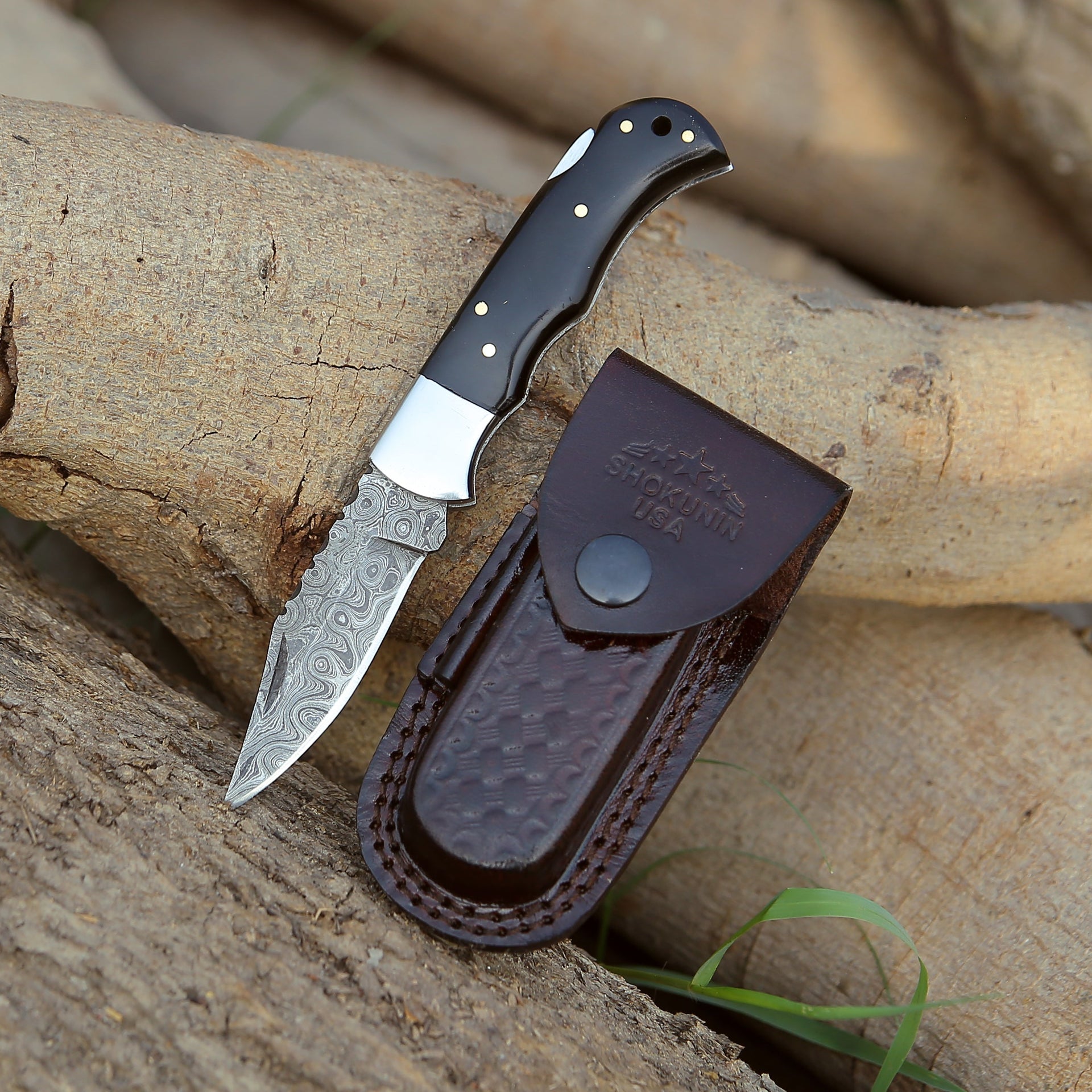 Specter Handmade Real Damascus Pocket Knife with Sheath & Resin Handle