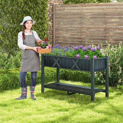 Poly Wood Elevated Planter Box with Legs Storage Shelf Drainage Holes-Black