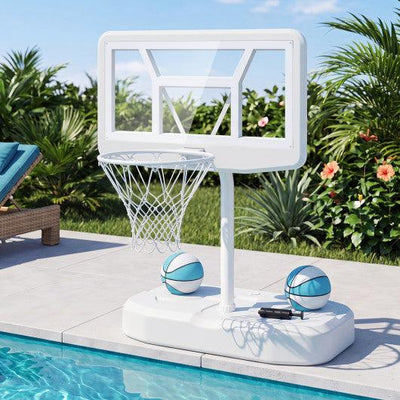 Pool Basketball Hoop Set with 2 Balls and Pump for Water Games-White