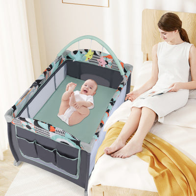 3-in-1 Portable Baby Playard with Zippered Door and Toy Bar-Blue