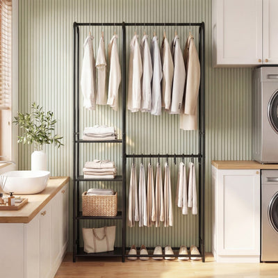 Portable Closet with Pants Hangers and 2 Hanging Rods and 4 Storage Shelves-Black