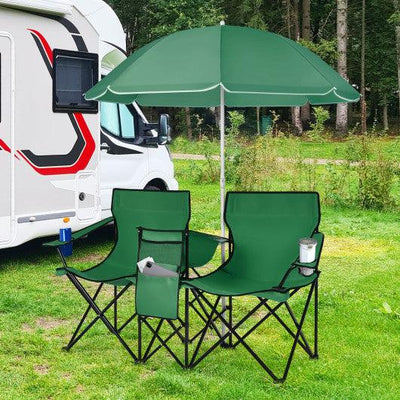 Portable Folding Picnic Double Chair With Removable Umbrella-Green