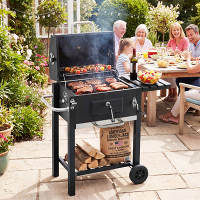 Portable Outdoor Barbecue Grill with Adjustable Charcoal Tray and Wheels-Black