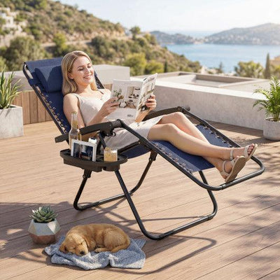 Portable Zero Gravity Chairs with Cup Holder Trays and Backrest-Navy
