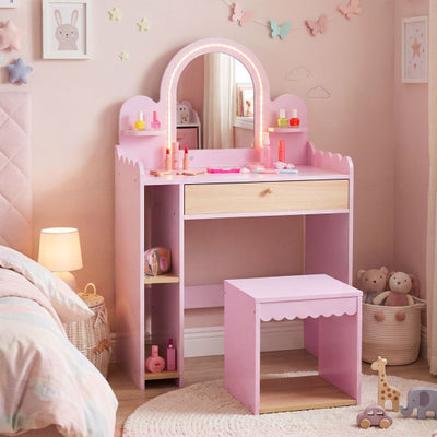 Pretend Makeup Dressing Table Set with 2 Small Shelves and Compartments-Pink