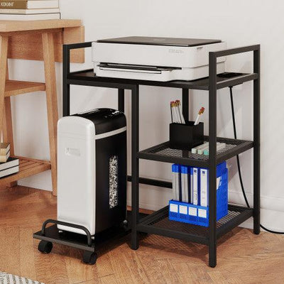 Printer Stand with Charging Station and Storage Shelves-Black