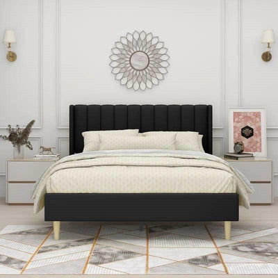 Queen size Mid-Century Black Linen Platform Bed Frame with Upholstered Headboard