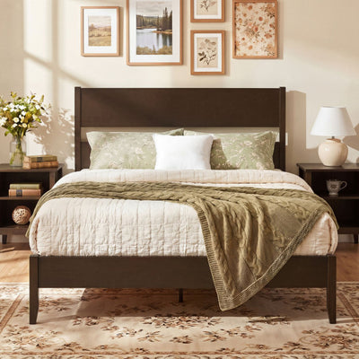 Queen Bed Frame with Headboard and Solid Wood Legs 12 Slats-Dark Walnut