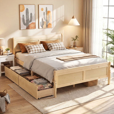 Queen Size Bed Frame with 2 Storage Drawers and Footboard-Natural