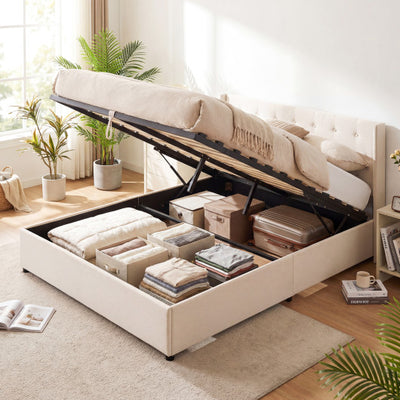 Queen Size Lift-up Storage Bed Modern Linen Upholstered Platform Bed-Beige